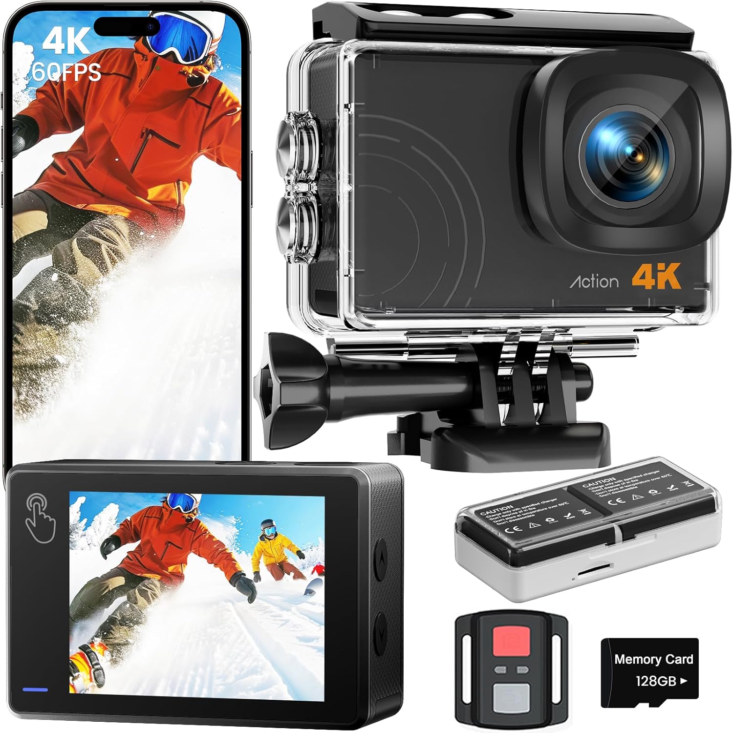 Action Camera 4K 60FPS 48MP, EIS Sports Camera with 128GB Card,131FT Underwater Waterproof Camera with Case, 2inch Touch Screen, 8X Zoom, Remote Control, Batteries & Mounting Kits