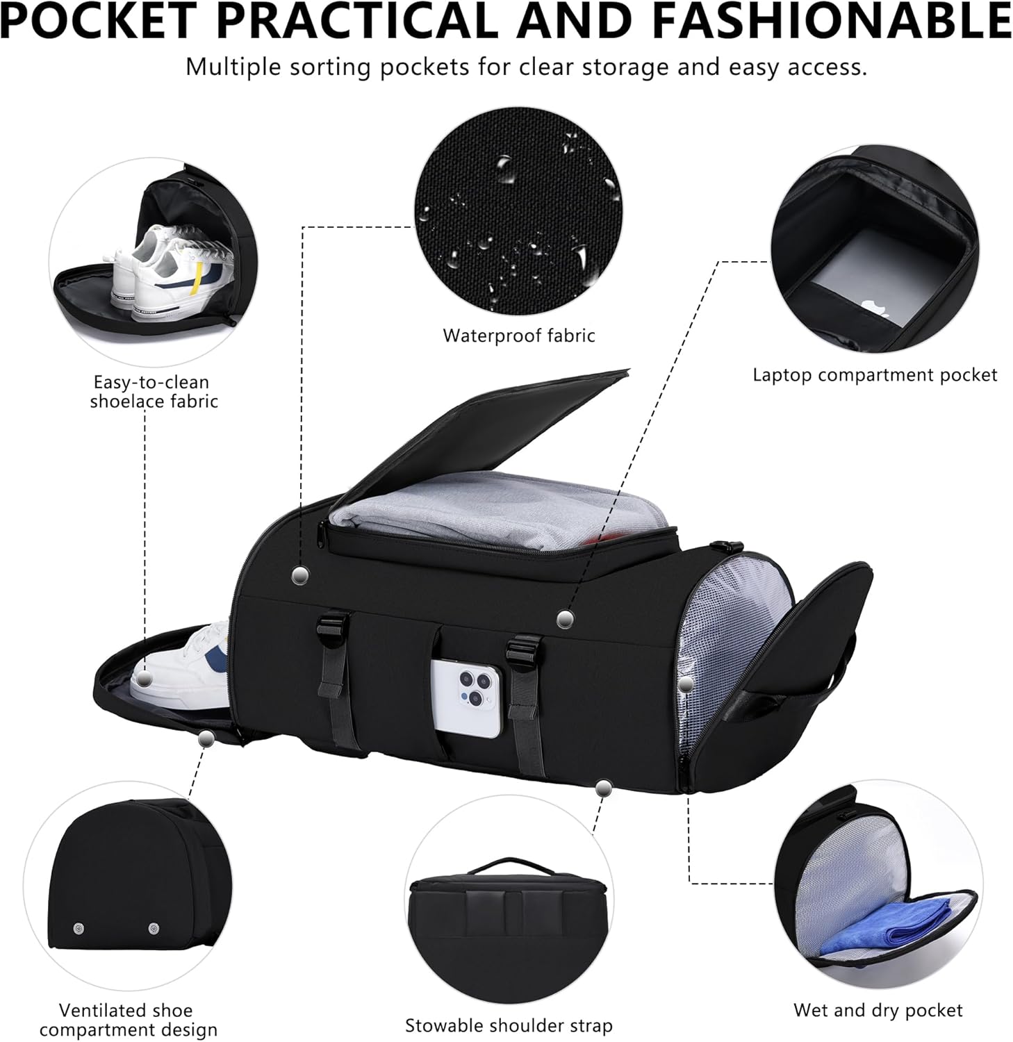 Gym Bag for Men Women with Shoes Compartment - Duffle Bag, Travel Backpack, Sports Backpack, Weekender Overnight Bag with Wet Pocket - Black, MIYCOO - Image 5